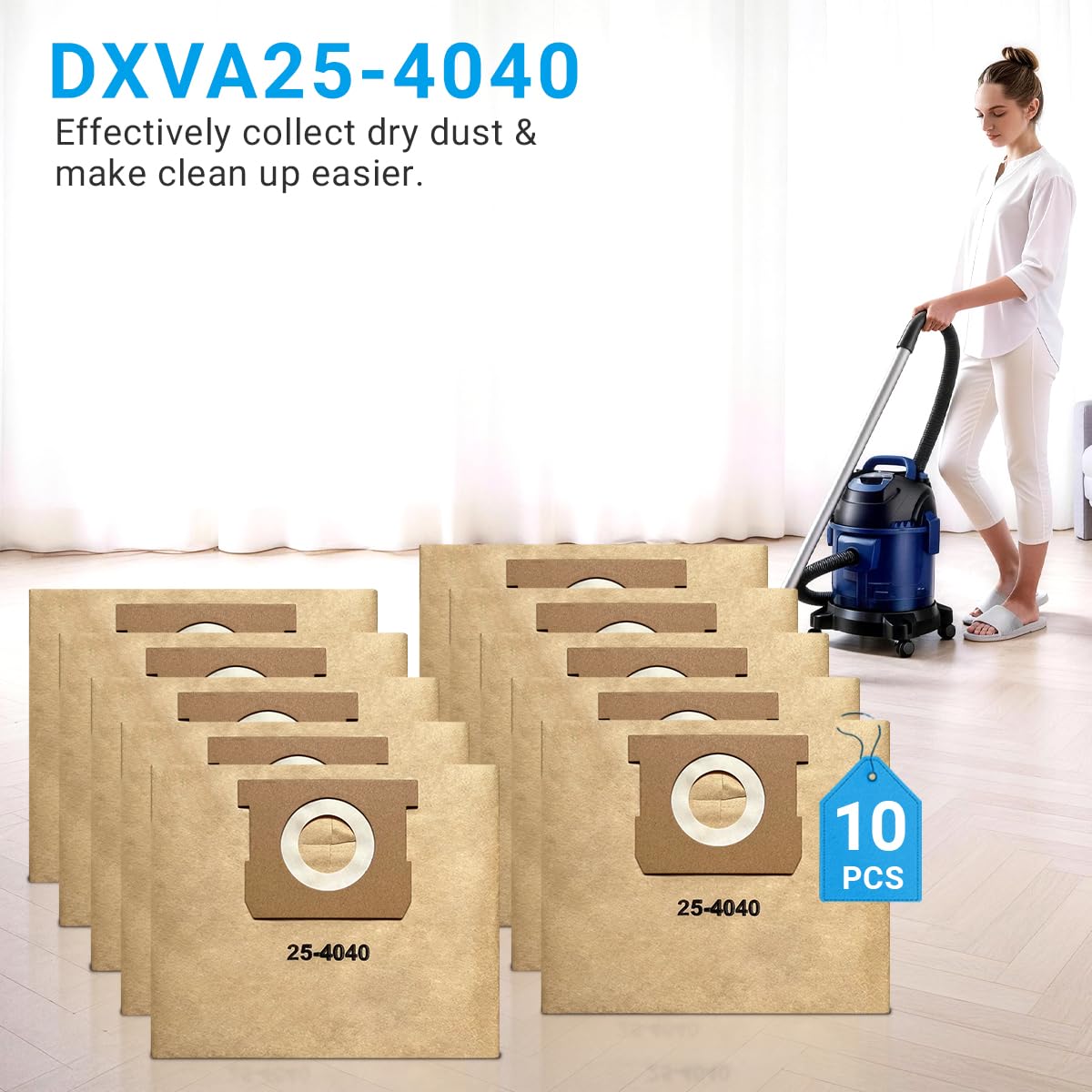 Zibopon DXVA25-4040 pack of bags supports tidy shop vacuum maintenance.
