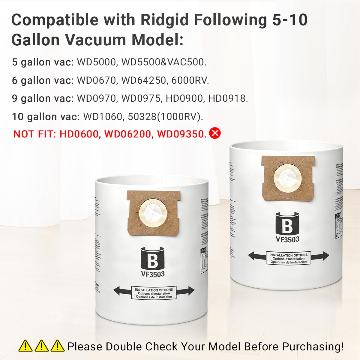 Compatibility chart confirming Ridgid 5–10 gallon fit for VF3503