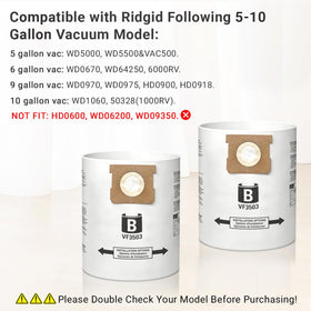 Compatibility chart confirming Ridgid 5–10 gallon fit for VF3503