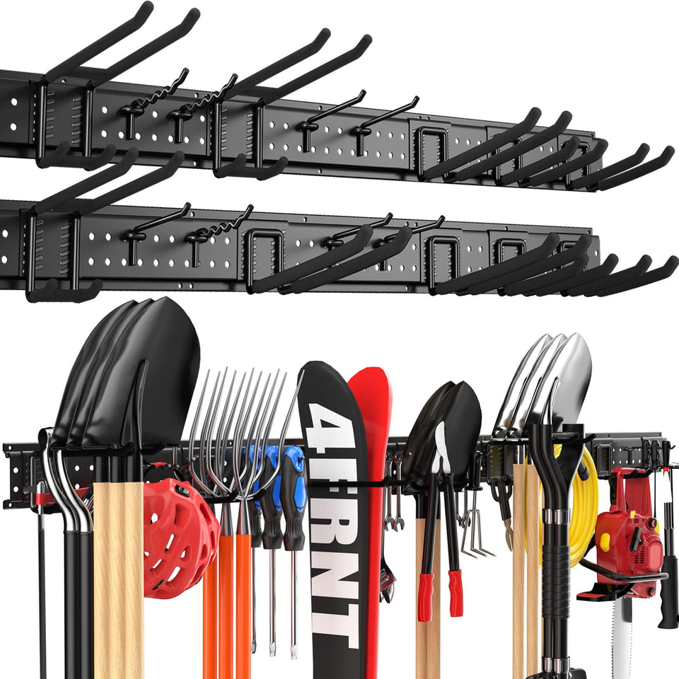 ZICANYCO garage tool organizer panel with 18 hooks for easy access.