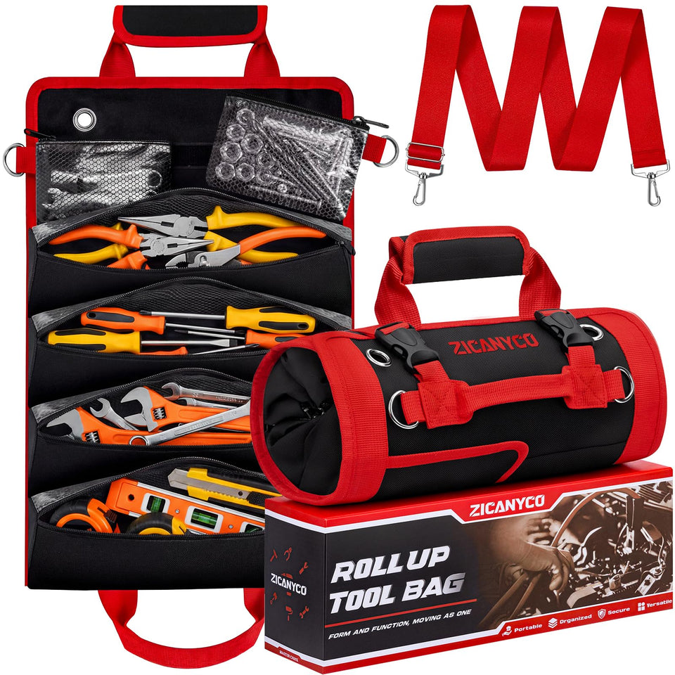 ZICANYCO Roll Up Tool Bag full view with see-through pockets for quick tool access.