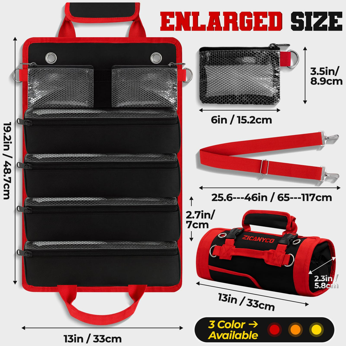 ZICANYCO Roll Up Tool Bag in use on a workbench to organize tools.