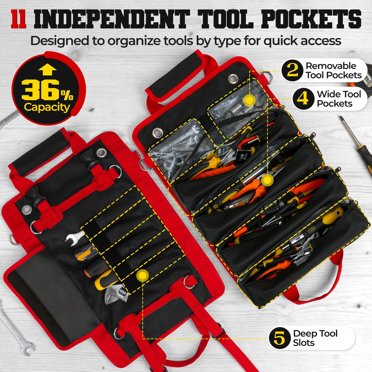 ZICANYCO Roll Up Tool Bag open and laid flat showing organized pockets.