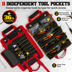 ZICANYCO Roll Up Tool Bag open and laid flat showing organized pockets.