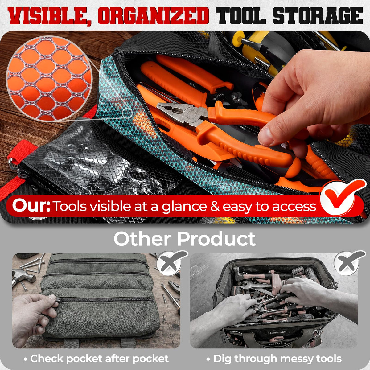 ZICANYCO Roll Up Tool Bag transparent pockets for fast identification of tools.
