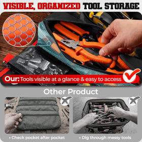 ZICANYCO Roll Up Tool Bag transparent pockets for fast identification of tools.