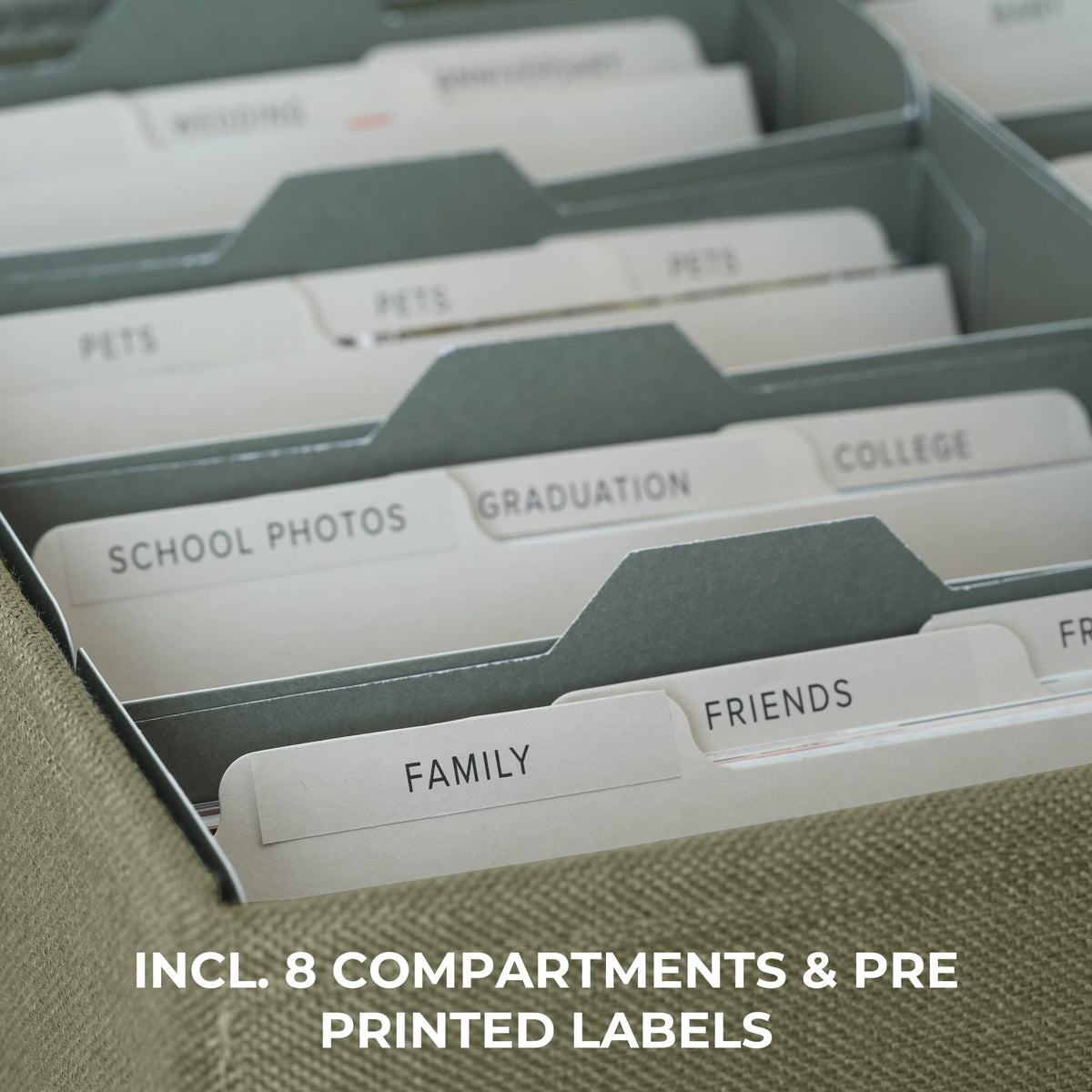 ZICOTO photo box built-in label holder keeps captions organized.