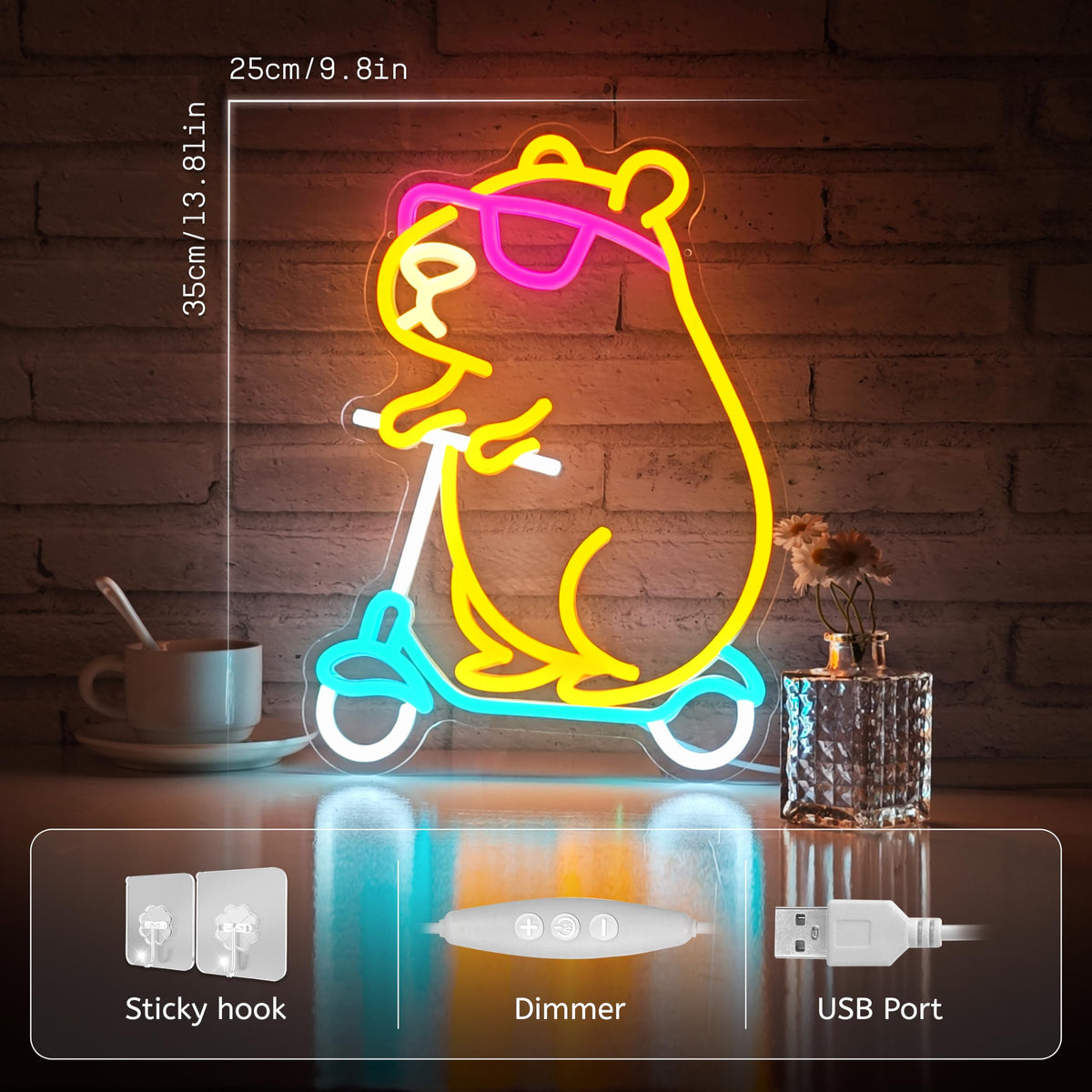 Zidoni Capybara neon with glasses detail highlights playful design for shelves.