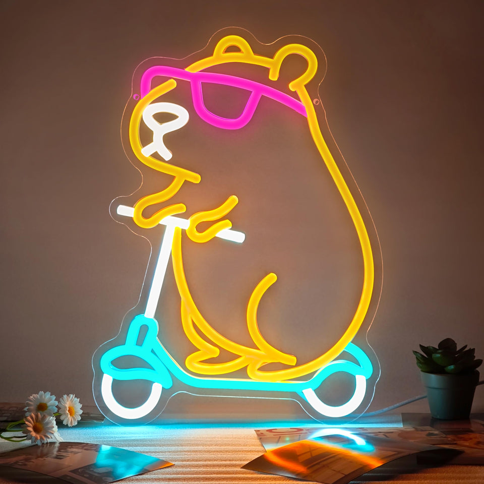 Zidoni Capybara neon sign with scooter for bright wall decor in kids' rooms.