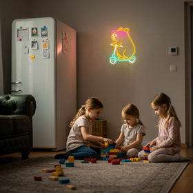 Zidoni Capybara neon on a table as a portable decor piece.