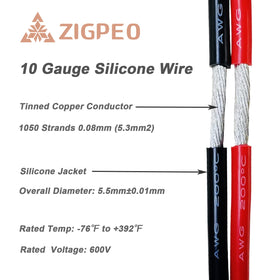 ZIGPEO 10 AWG silicone wire black spool suitable for rugged installations