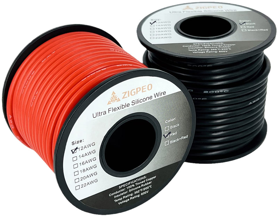 ZIGPEO 12 AWG red silicone wire spool, flexible tinned copper for RC projects.