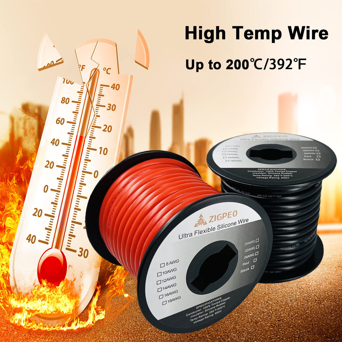 ZIGPEO silicone insulation high temperature test image highlighting 392°F rating