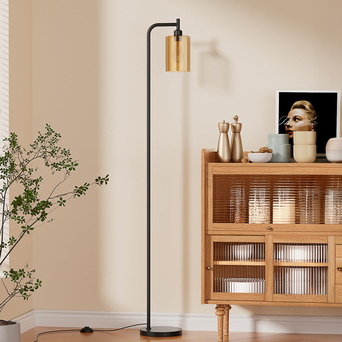 Ziisee floor lamp with amber glass shade for warm living room ambiance.
