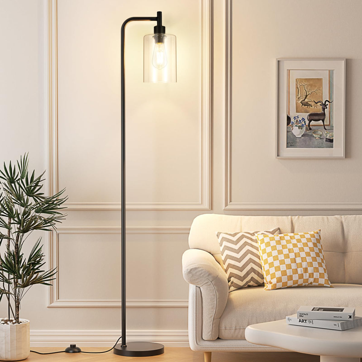 Ziisee industrial floor lamp with glass shade in full view for a modern living room