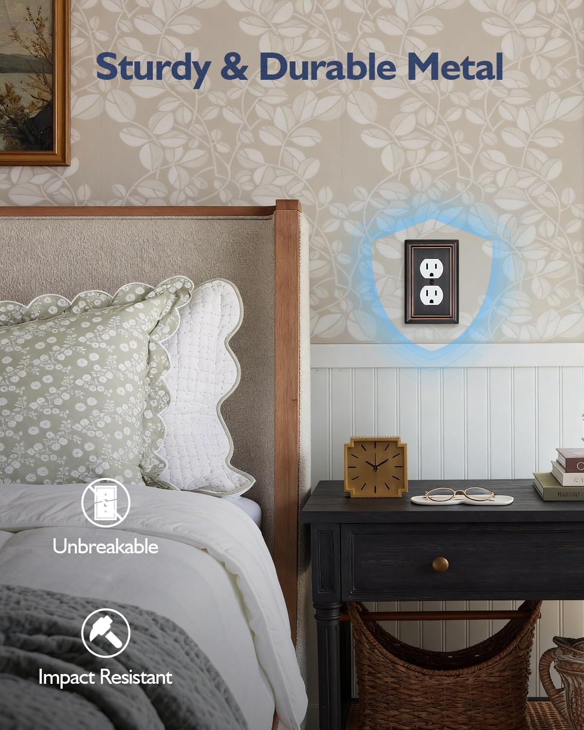 ZILLSEA aged bronze wall plate on wall complements decor while protecting outlets.