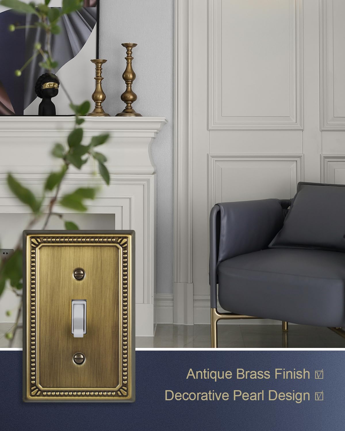 ZILLSEA antique brass pearl toggle plate in a bedroom setting adds refined detail.