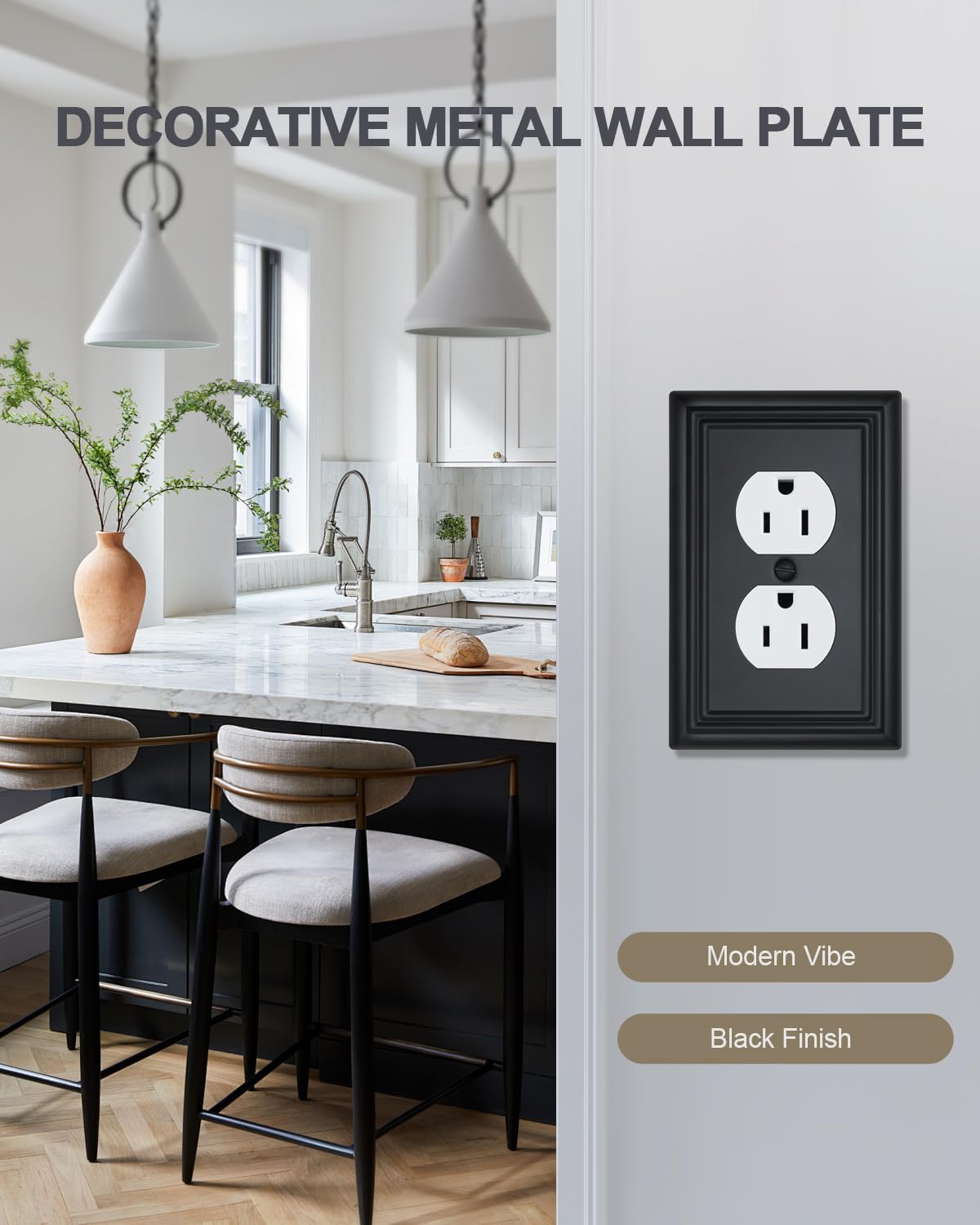 ZILLSEA metal wall plate in black provides durable, corrosion-resistant coverage.