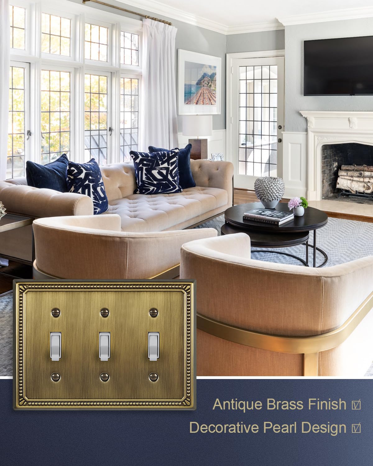 ZILLSEA triple-toggle plate in antique brass provides organized control with refined style