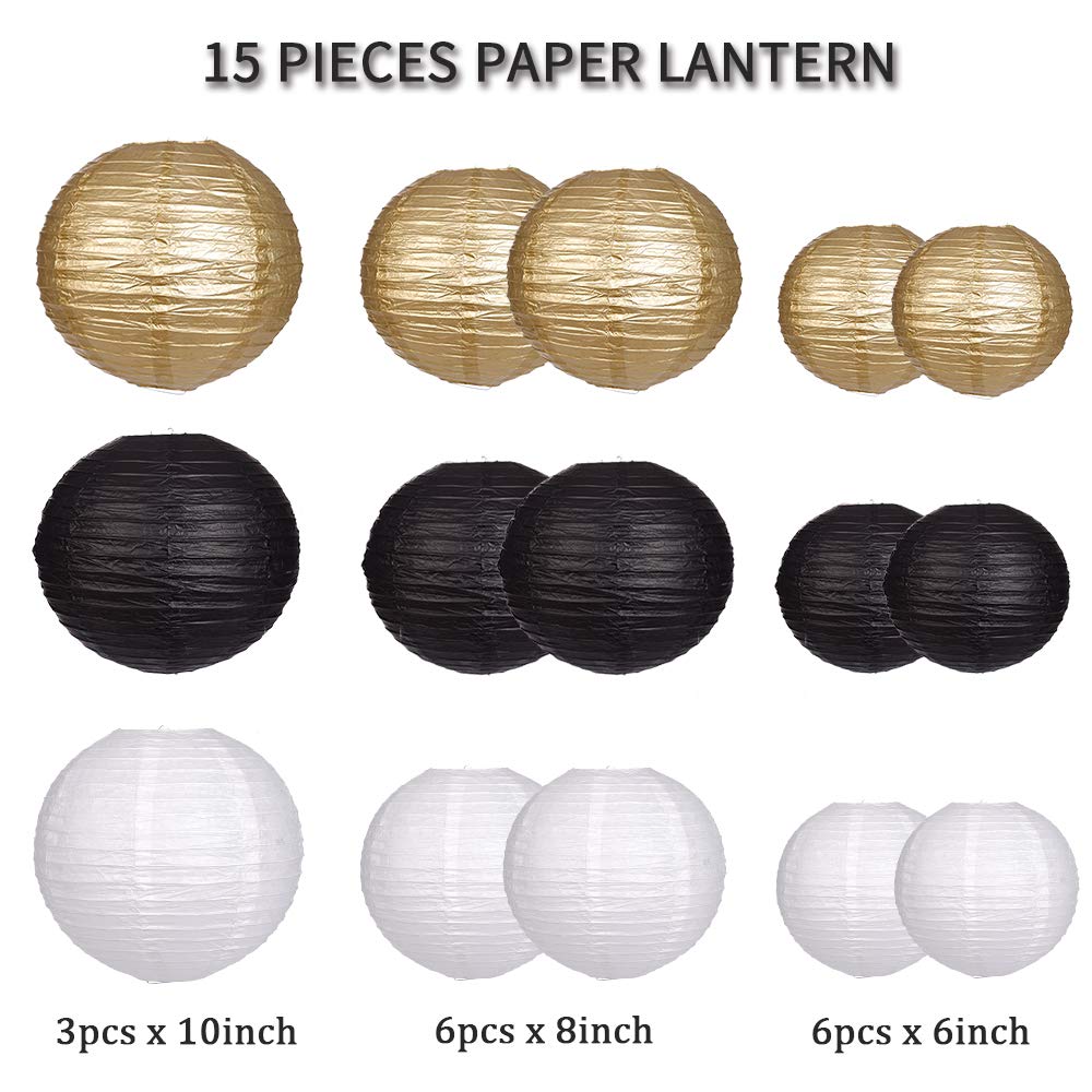 zilue 8-inch black gold white lanterns six-pack for versatile party decor