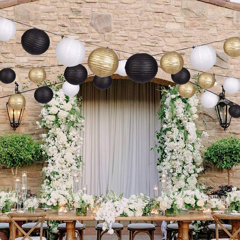 zilue black gold white lanterns arranged as a festive backdrop for events