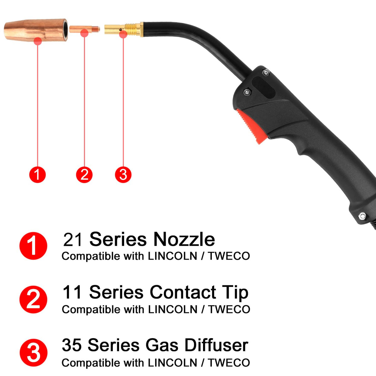 Zinger 21-series nozzle compatibility for common Lincoln/Tweco consumables.