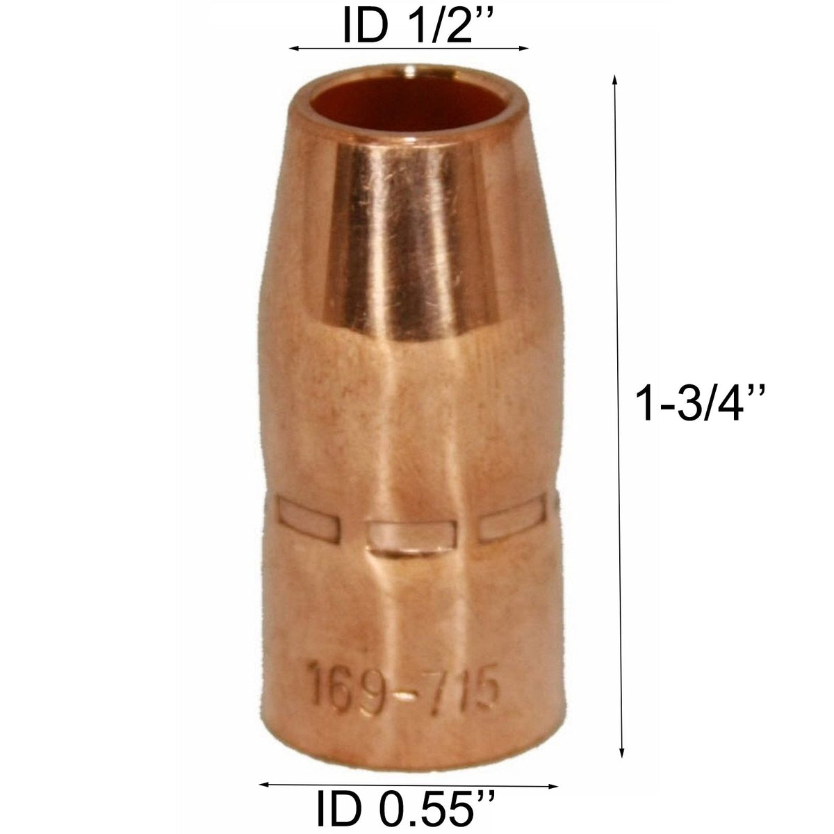 Zinger gas nozzle 1/2in for MIG guns, improves shielding gas coverage.