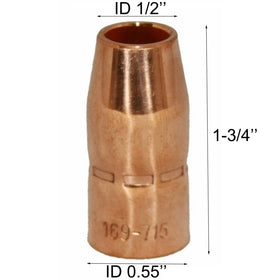 Zinger gas nozzle 1/2in for MIG guns, improves shielding gas coverage.