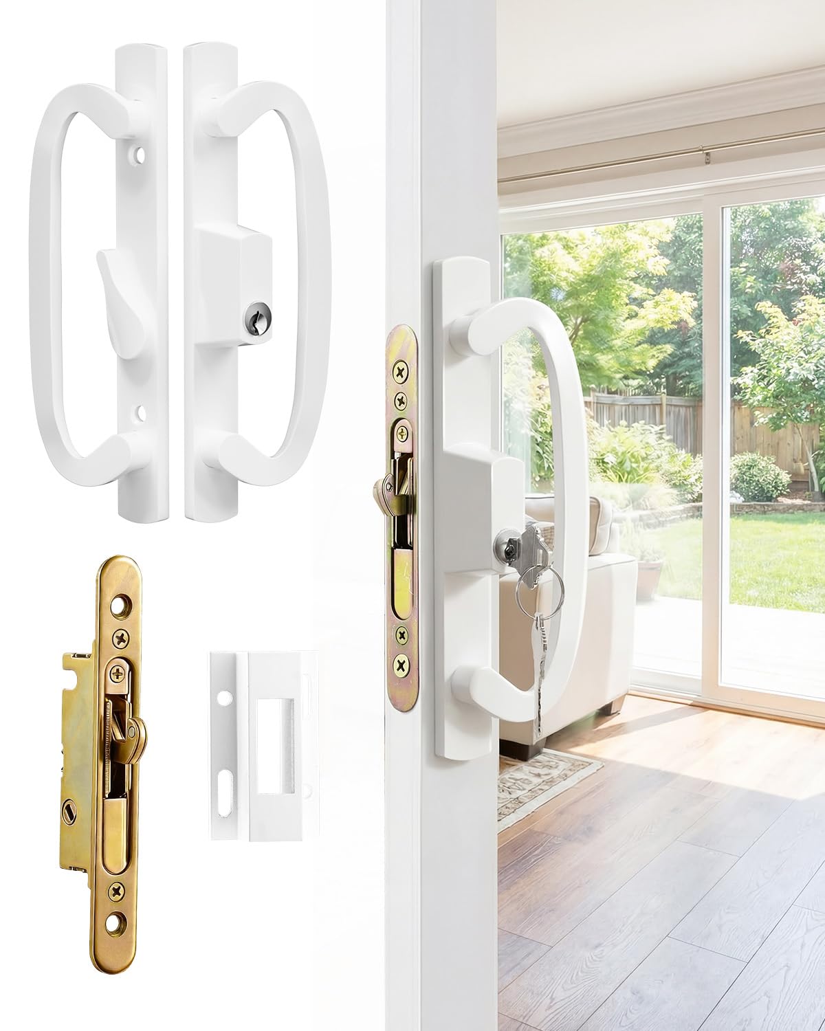 Zinkitool keyed handleset in white diecast for sliding doors; ideal replacement.