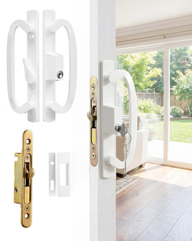 Zinkitool keyed handleset in white diecast for sliding doors; ideal replacement.