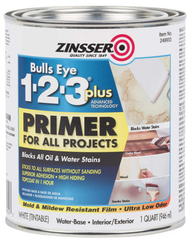 Zinsser 1-2-3 Plus primer package ready for indoor and outdoor projects.
