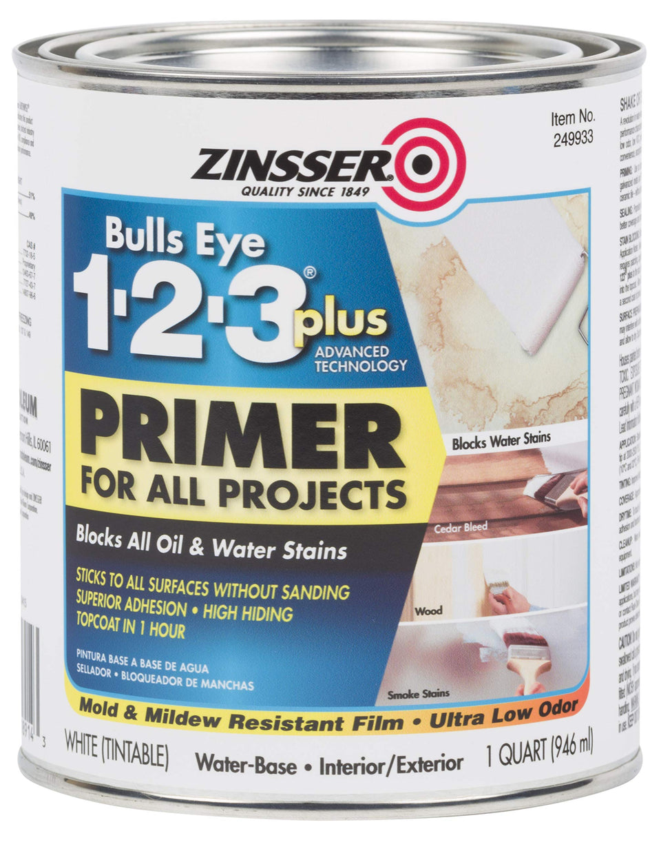 Zinsser 1-2-3 Plus primer package ready for indoor and outdoor projects.