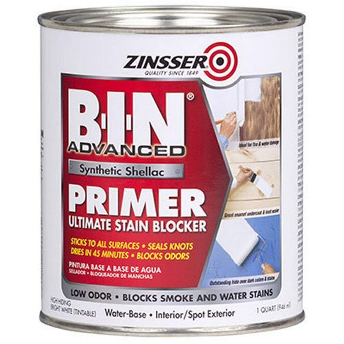 Zinsser B-I-N Advanced Shellac Primer bottle (b-i-n) for interior stain blocking.