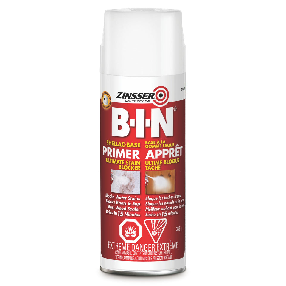 Zinsser BIN shellac-base primer-sealer bottle seals stains and odors on interior walls.