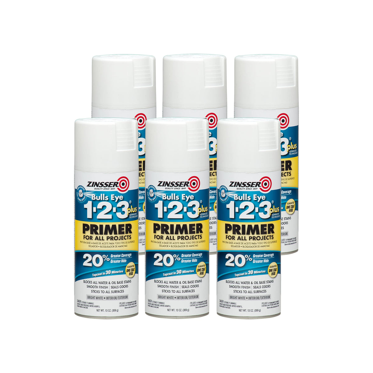 Zinsser Bulls Eye 1-2-3 Plus spray primer for interior and exterior surfaces; quick dry and strong adhesion