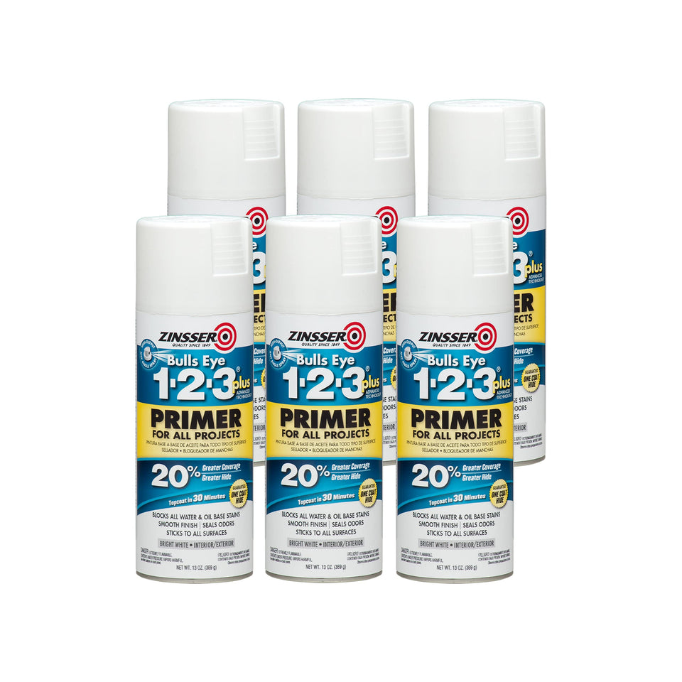 Zinsser Bulls Eye 1-2-3 Plus spray primer for interior and exterior surfaces; quick dry and strong adhesion