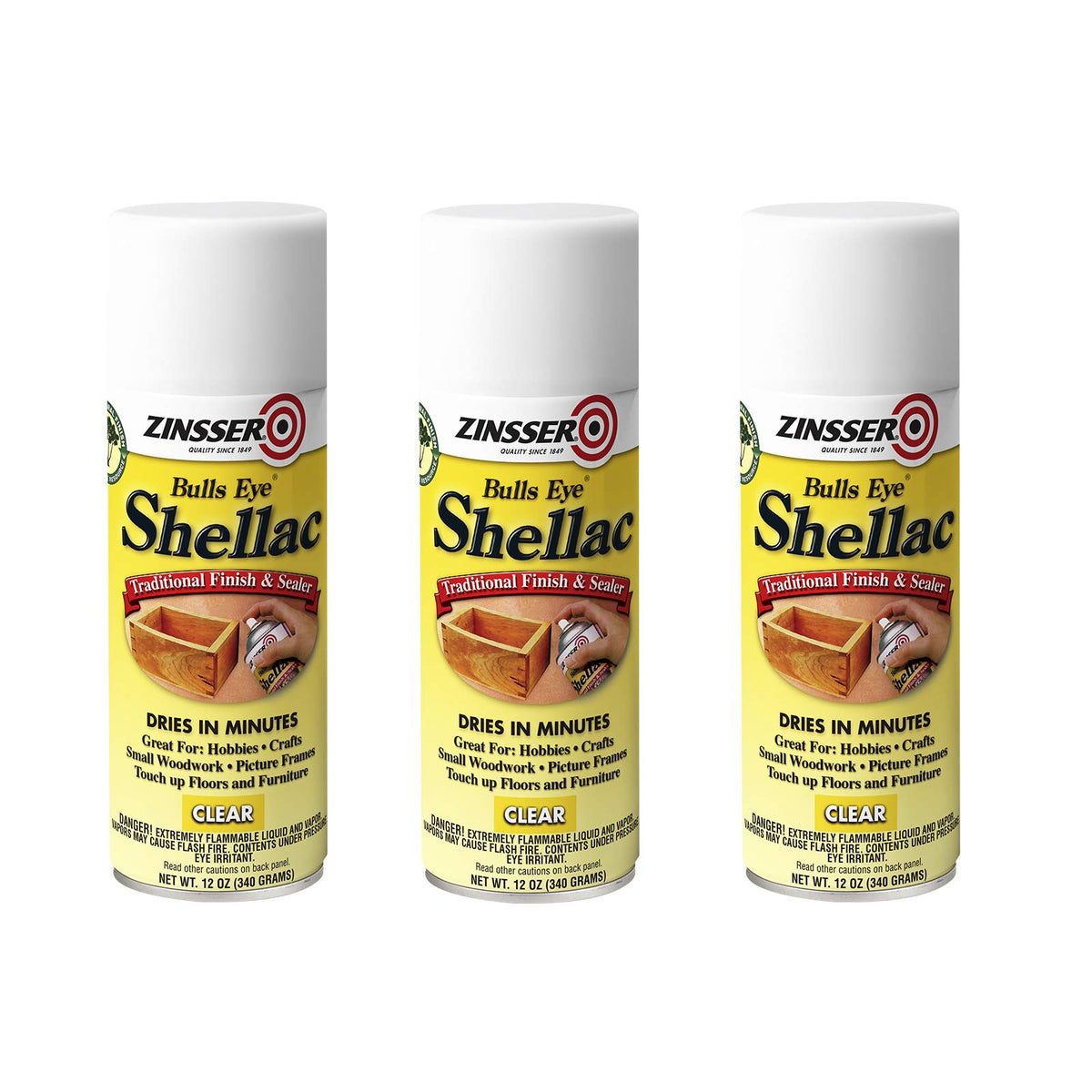Zinsser Bulls Eye Shellac Spray can for easy, even mid-gloss finish for interior surfaces.