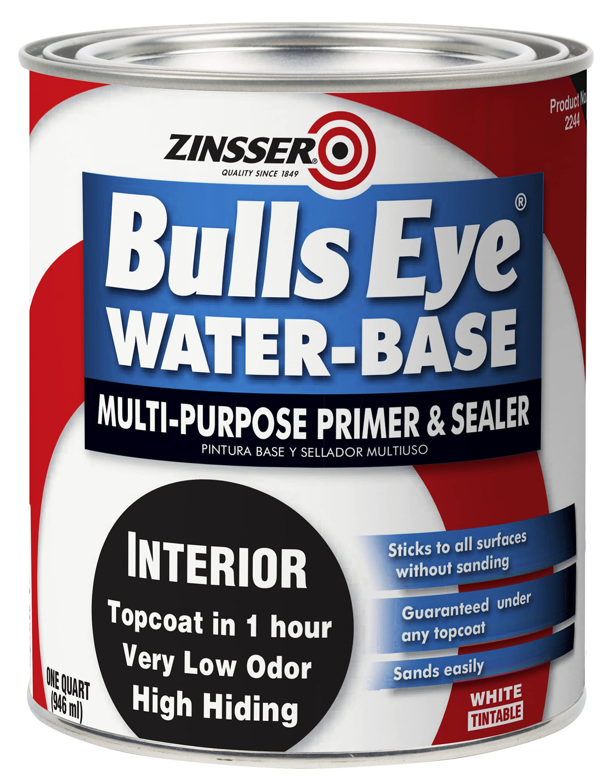 Zinsser Bulls Eye water-base primer bottle and label showing stain-blocking performance