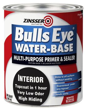 Zinsser Bulls Eye water-base primer bottle and label showing stain-blocking performance