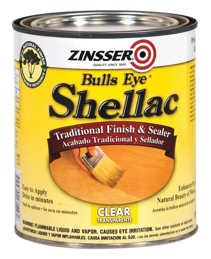 Zinsser Clear Shellac 1-Qt bottle sealing wood with a warm, transparent finish.