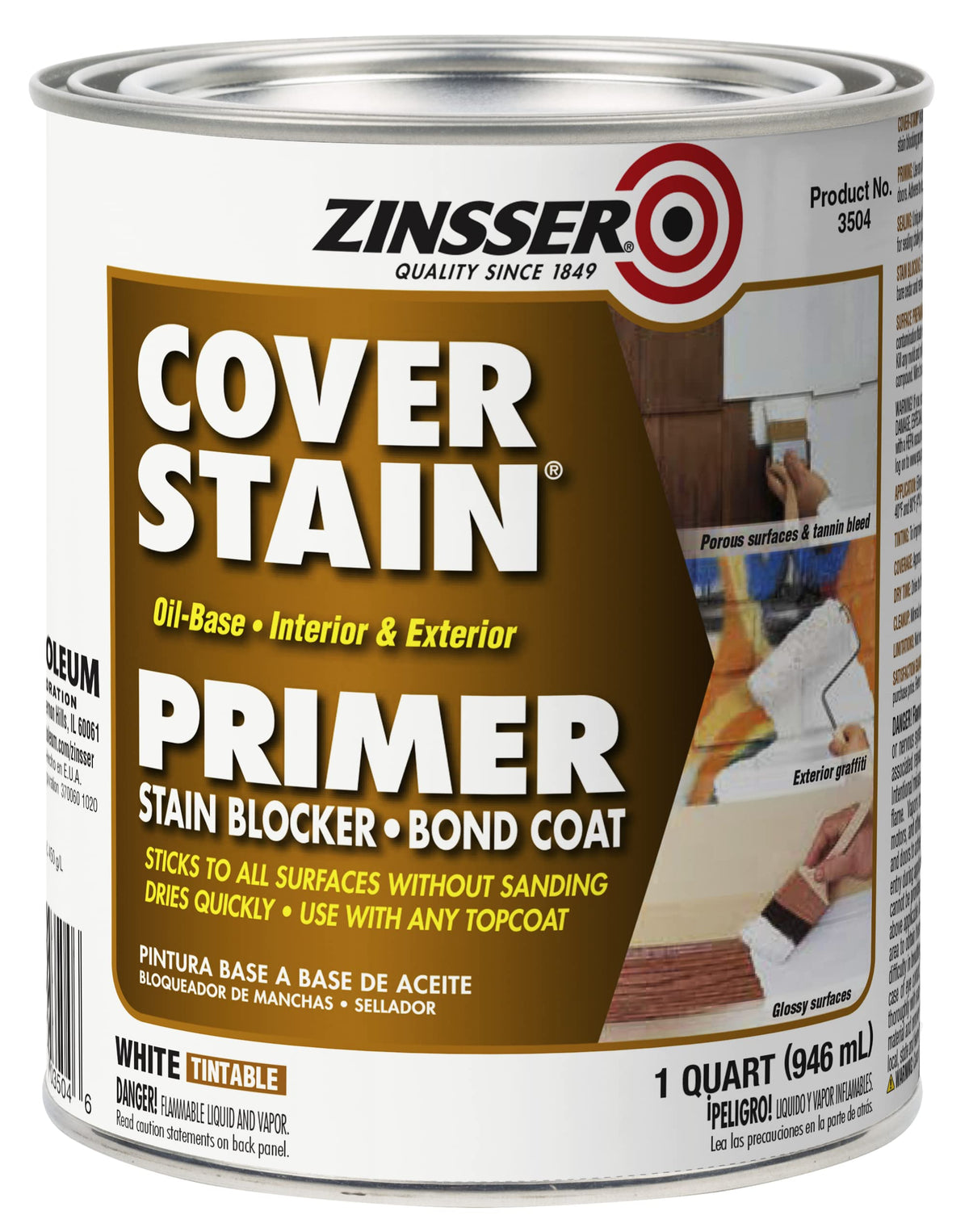 Zinsser Cover-Stain front of can, stain-blocking primer for walls.