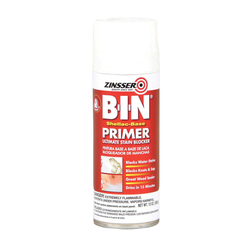 Zinsser primer spray 13oz white can ideal for stain blocking and prep.