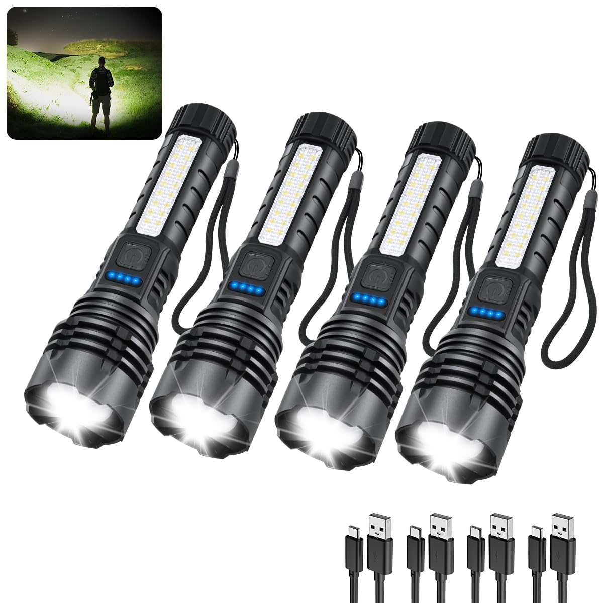 ZioeYiue four-pack flashlights front view for home and outdoor lighting.