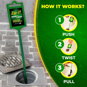 Zip-It easy-to-use tool—insert, twist, pull to remove hair.