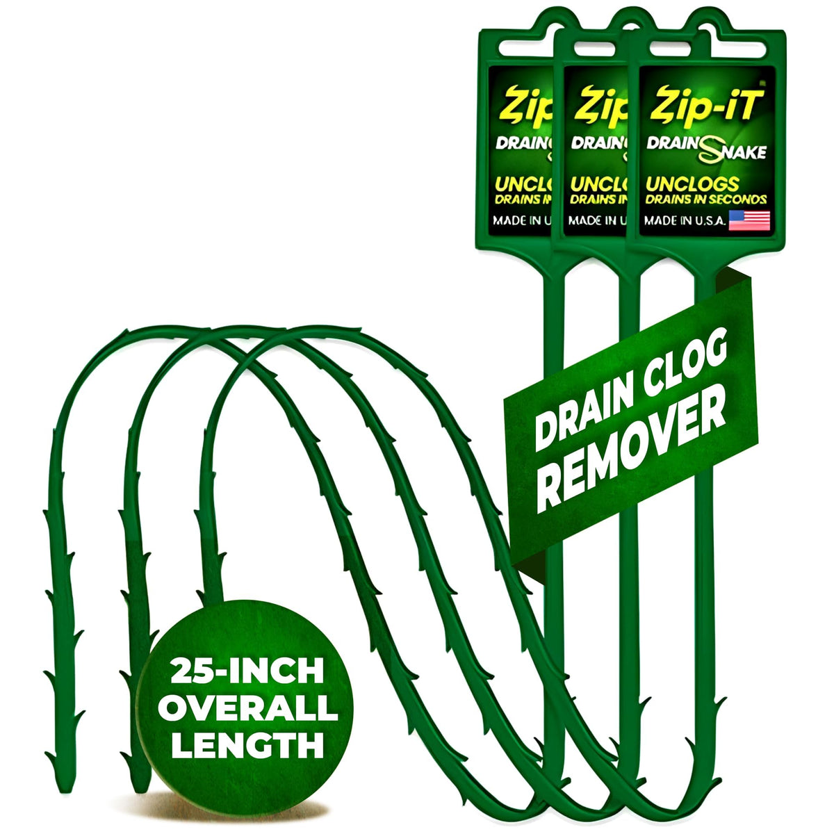Zip-It hair clog remover 25-inch unclogs sinks, showers, and tubs quickly.