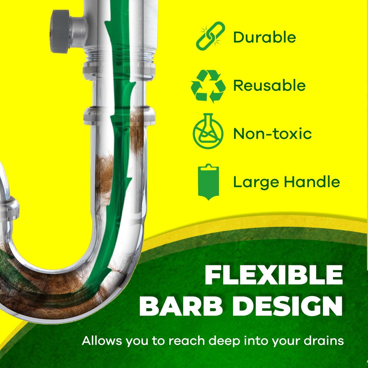 Zip-It unclogs bathroom, kitchen, and laundry drains with flexible reach.