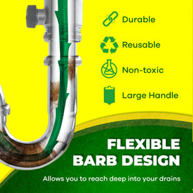 Zip-It unclogs bathroom, kitchen, and laundry drains with flexible reach.