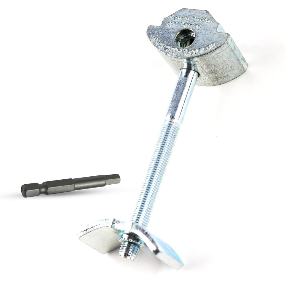 Zipbolt 10.500 countertop miter connector close-up showing a secure joint for strong, quick installations.