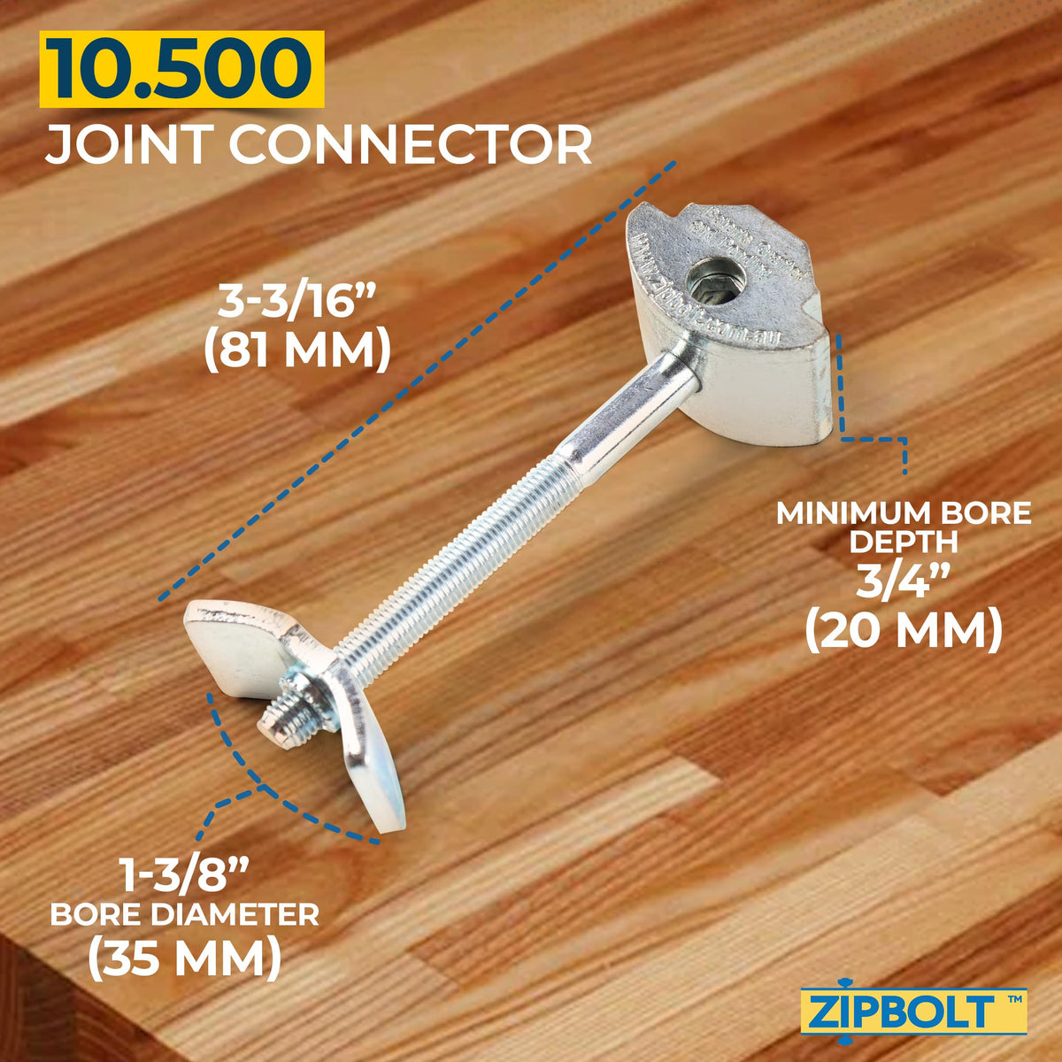 Zipbolt 10.500 drawbolt set in packaging for fast countertop joining.