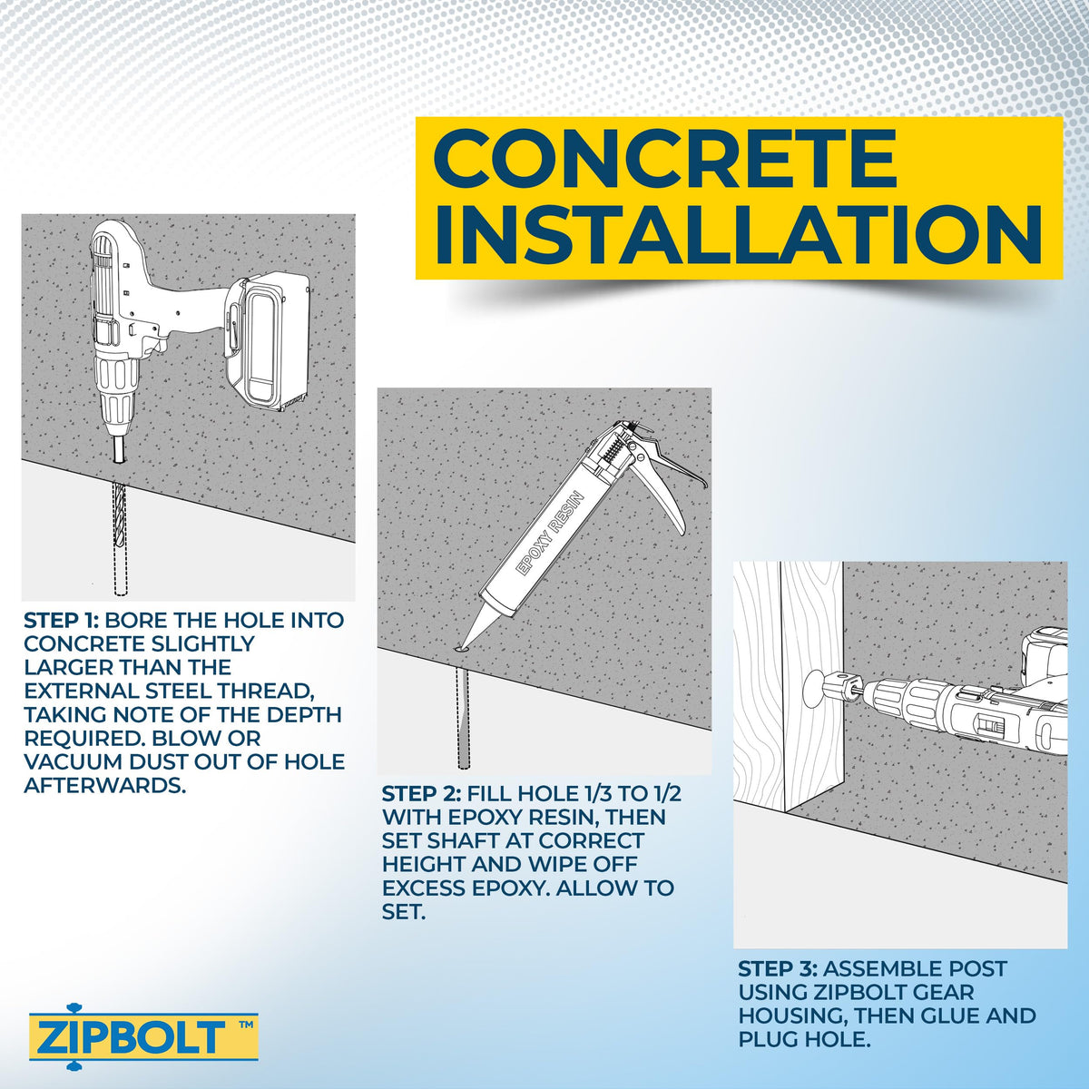 Zipbolt 14-110 concrete floor option shows flexible anchoring.
